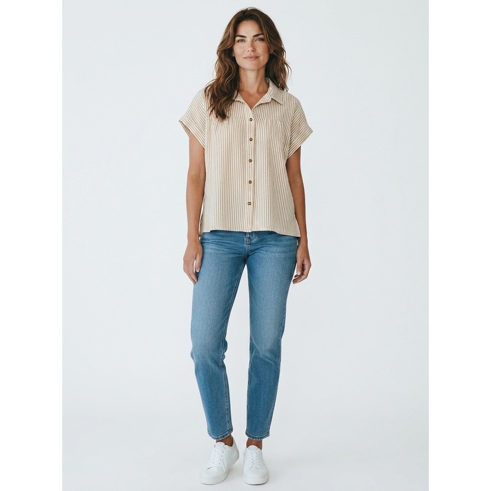 Velvet Heart Seersucker Button Down Shirt Womens L Tan Striped Excellent Dolman